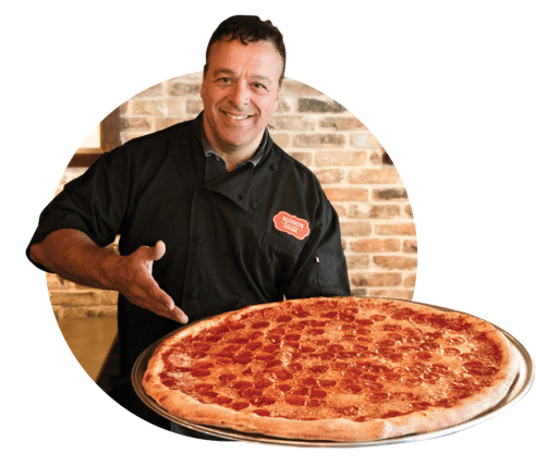 anthony russo holding giant pepperoni pizza